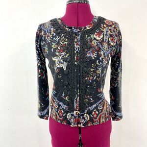 Neiman Marcus Cashmere Floral print cardigan sweater slim fit top